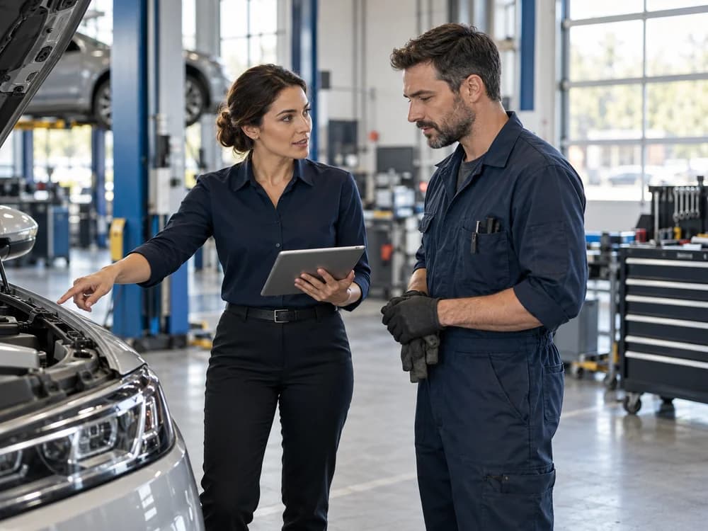 A service advisor and mechanic reviewing work together in an automotive workshop