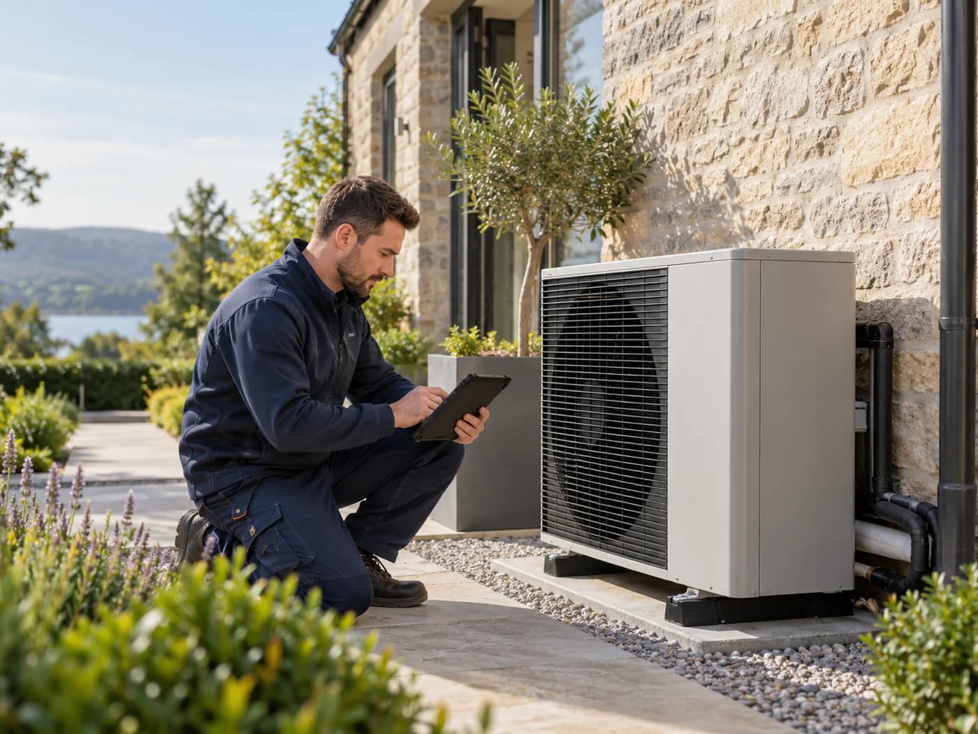 An HVAC technician inspecting a modern heat pump beside a home