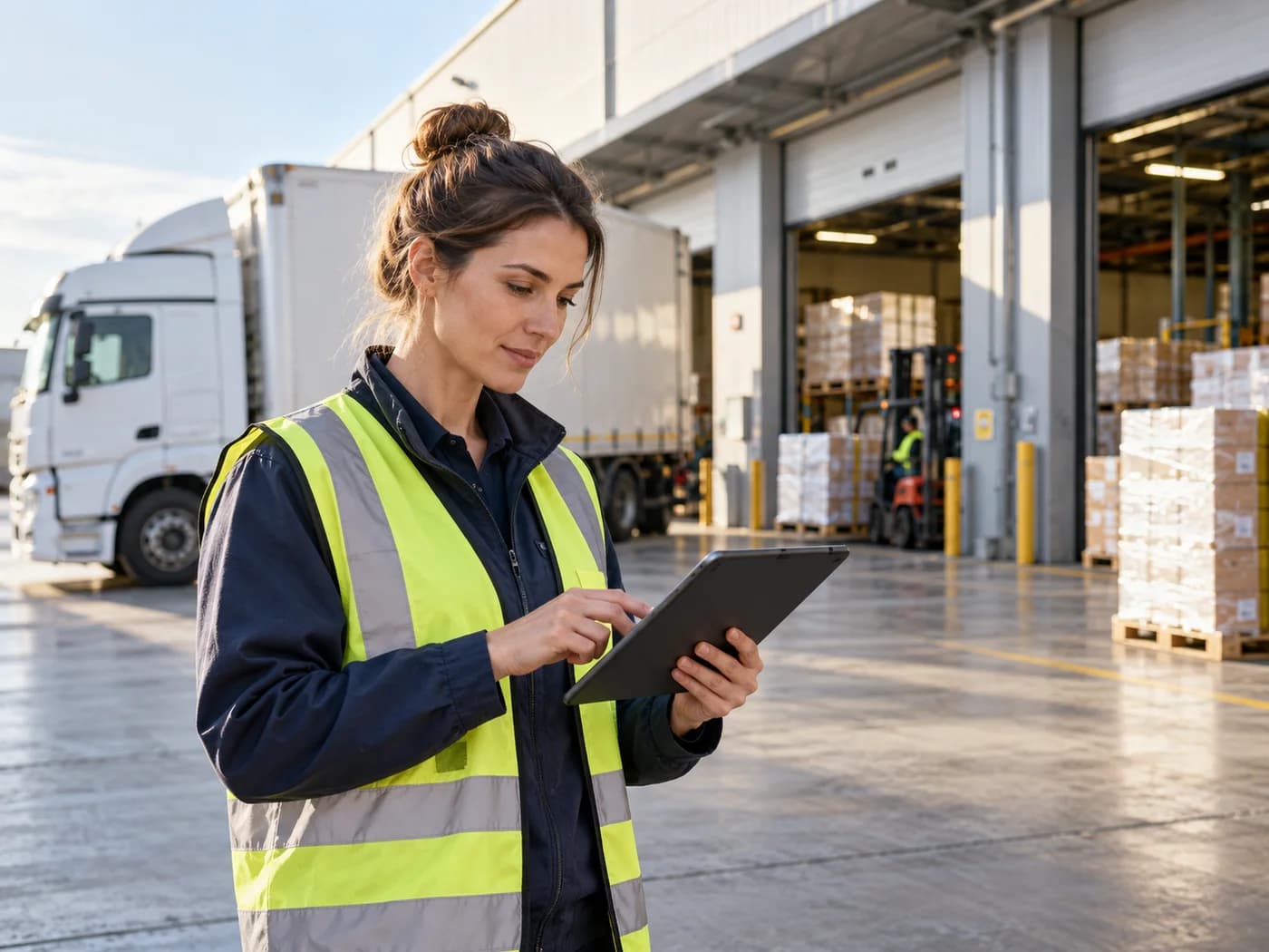 A freight coordinator using a tablet beside a warehouse loading area