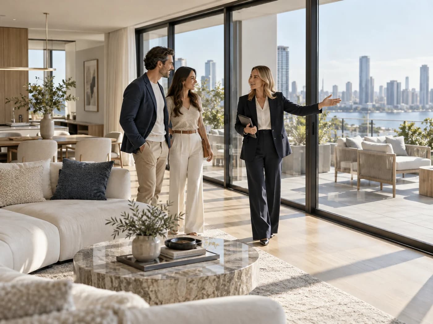 A real estate advisor showing clients a contemporary apartment