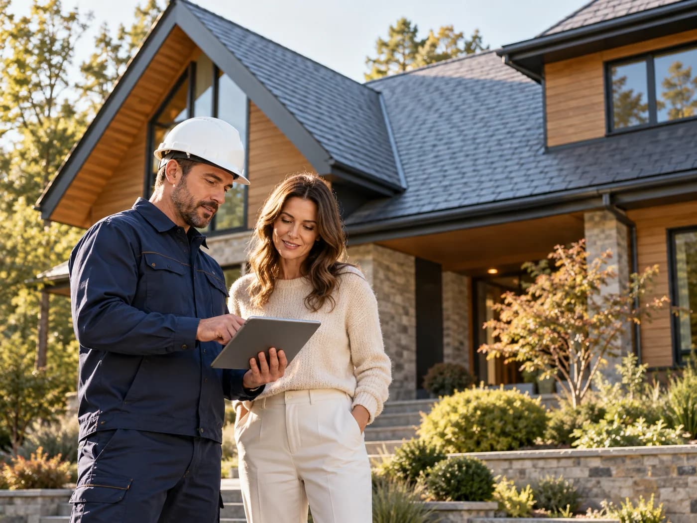 A roofing professional and homeowner discussing a house exterior