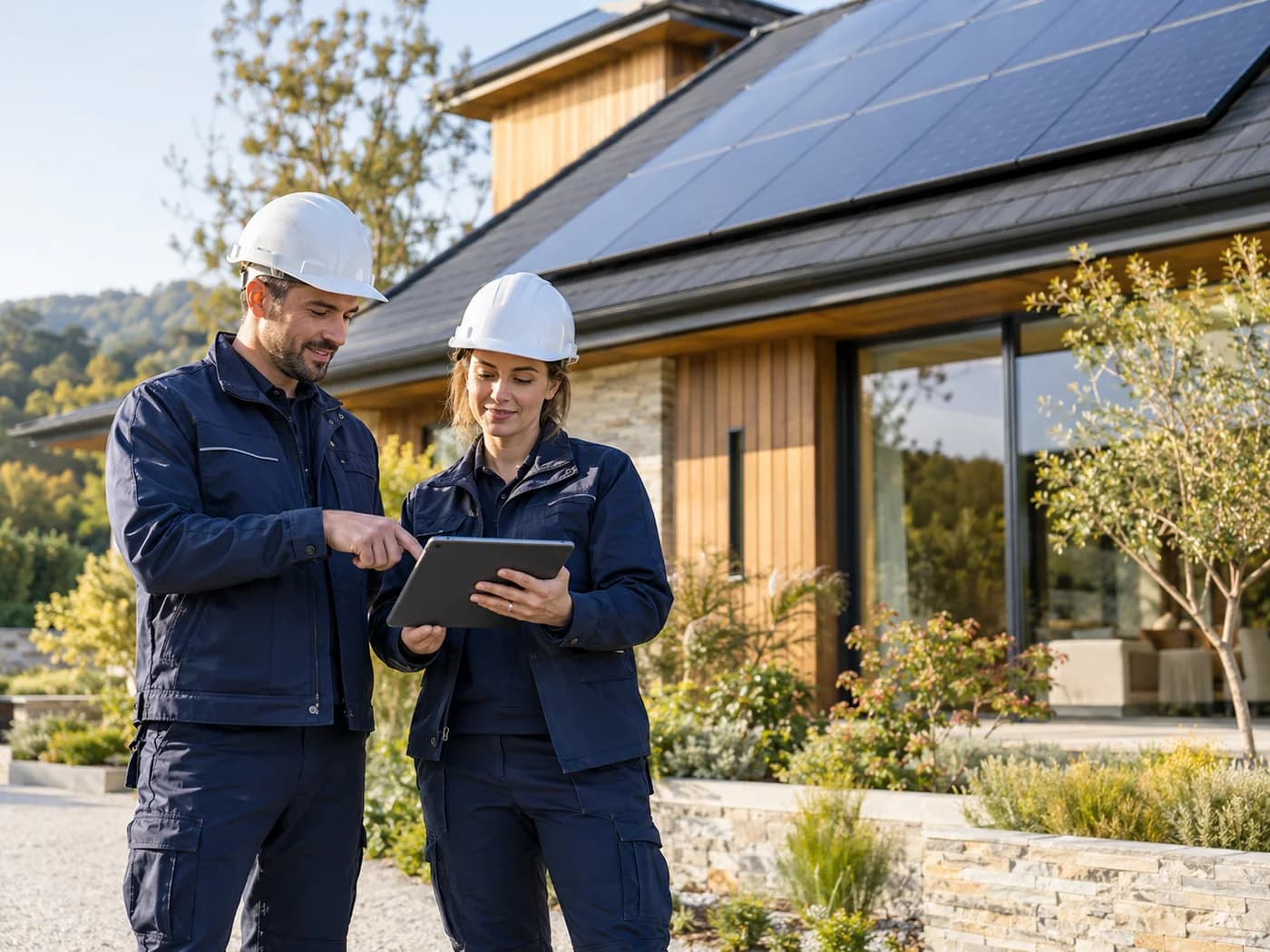 Solar energy professionals discussing a residential installation