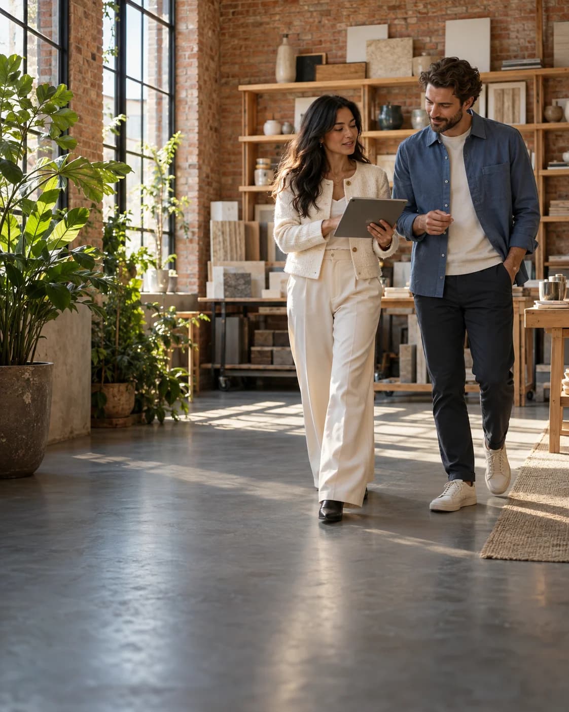 Two business founders reviewing a tablet while walking through a sunlit creative studio