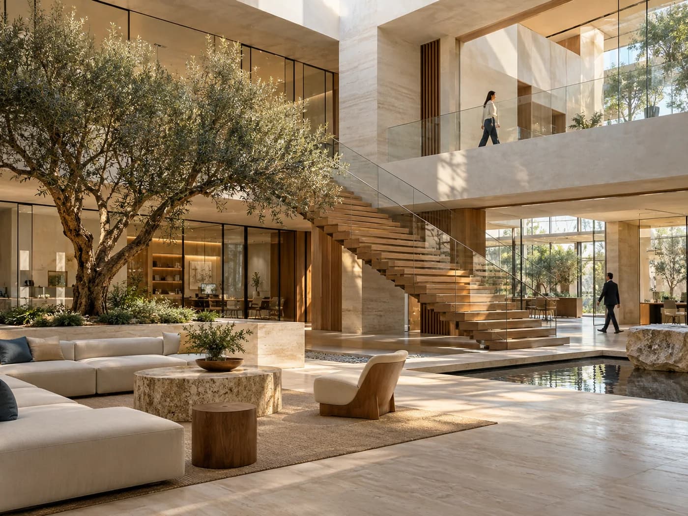 Independent studios connected by a sunlit atrium and an oak staircase in a contemporary business campus