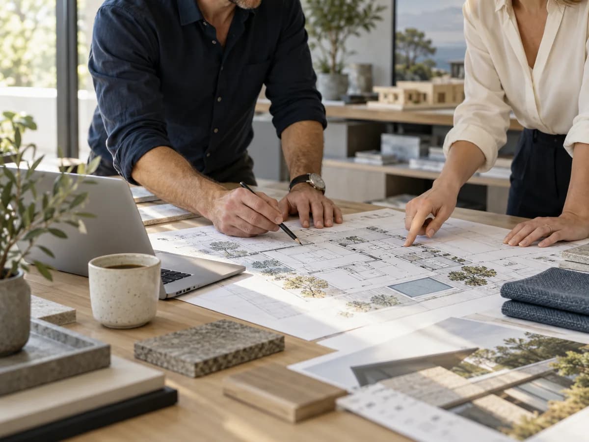 Project partners reviewing architectural plans and material samples in a design studio