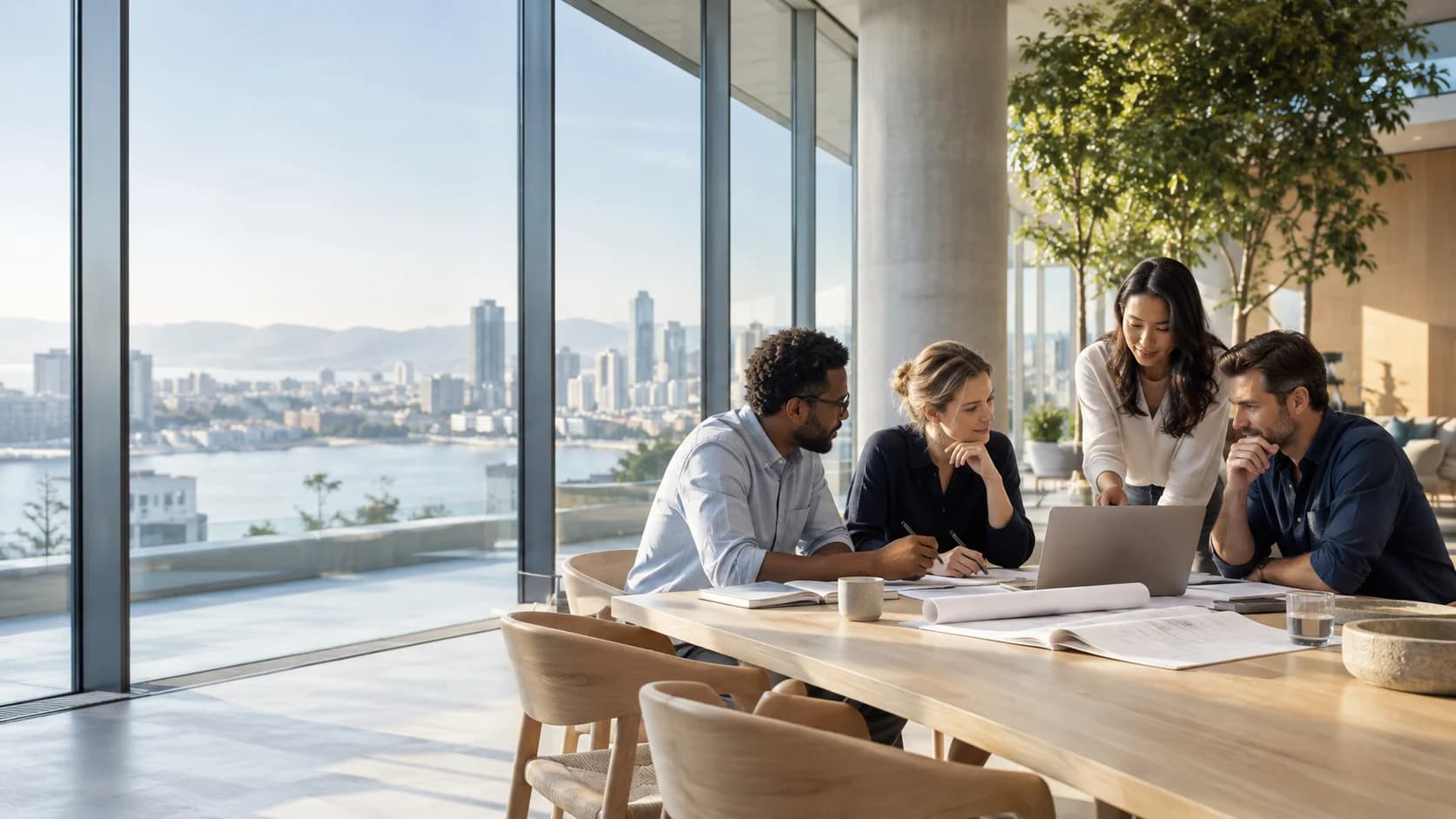 A team collaborating around a table in a bright, contemporary office