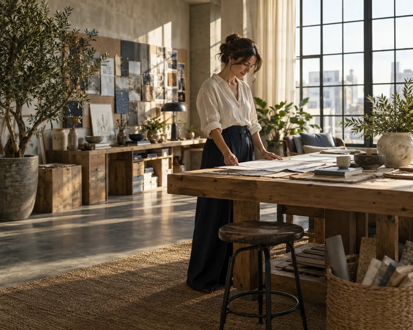 An independent business owner reviewing plans in a light-filled studio